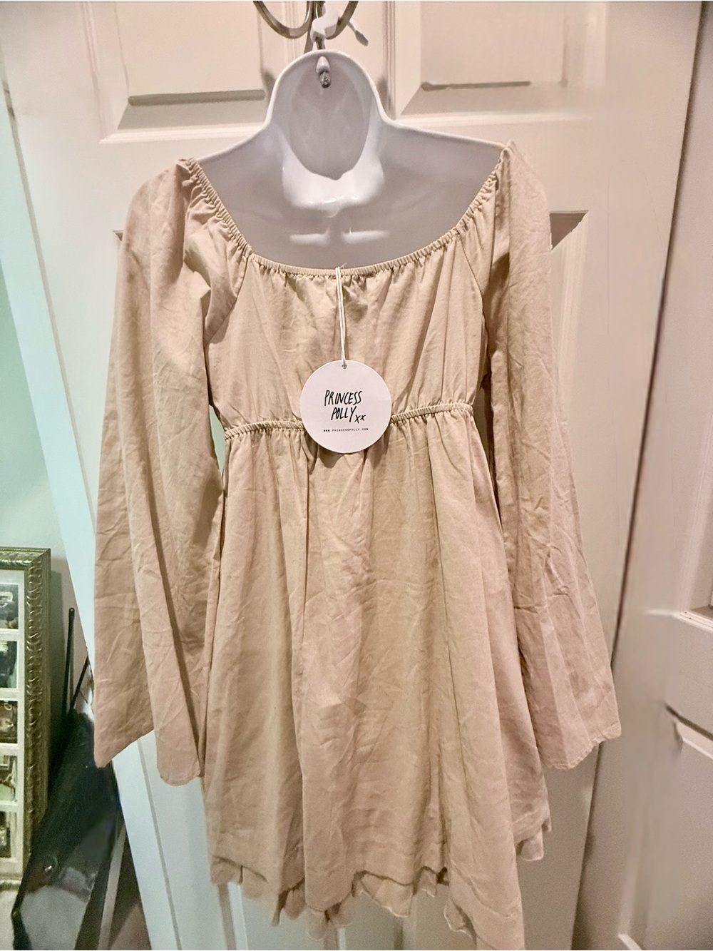 Beige Long-Sleeve Peasant Mini Dress with Tie Front - Picture 5 of 7